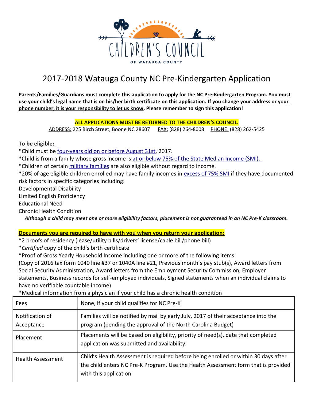 2017-2018 Watauga County NC Pre-Kindergarten Application