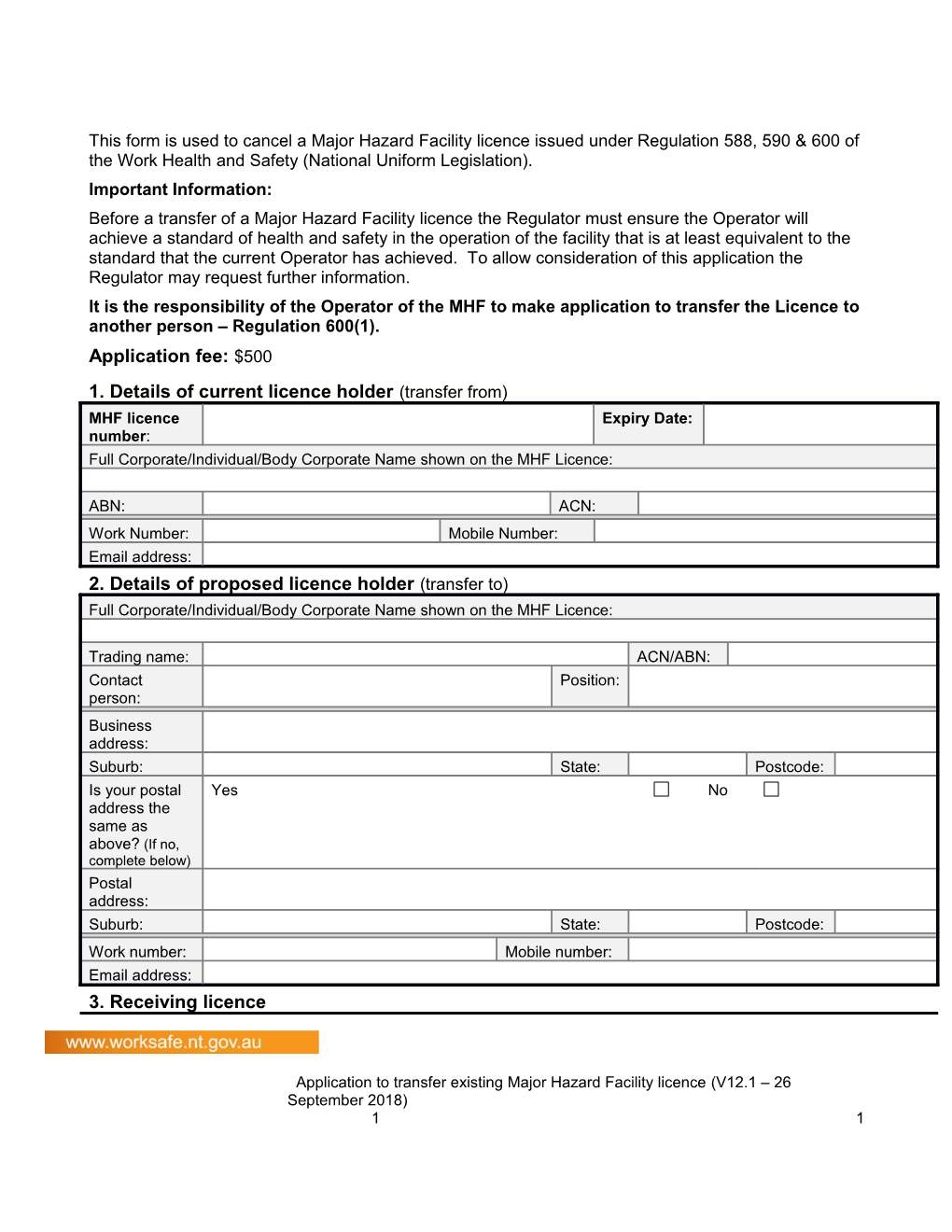 Application to Transfer Existing Major Hazard Facility Licence