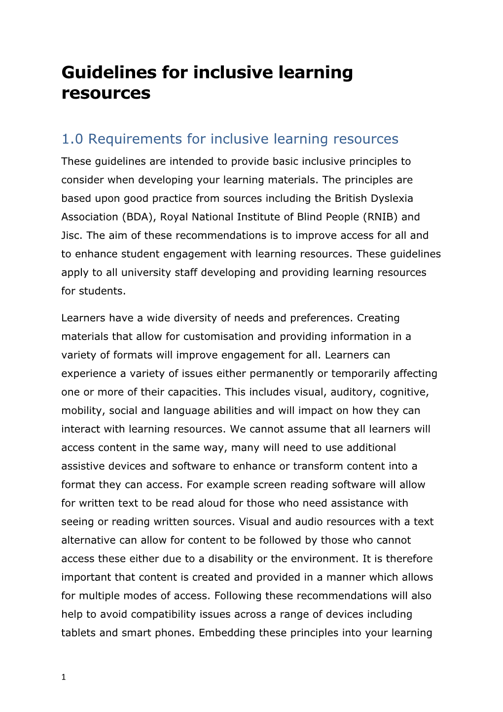 1.0 Requirements for Inclusive Learning Resources