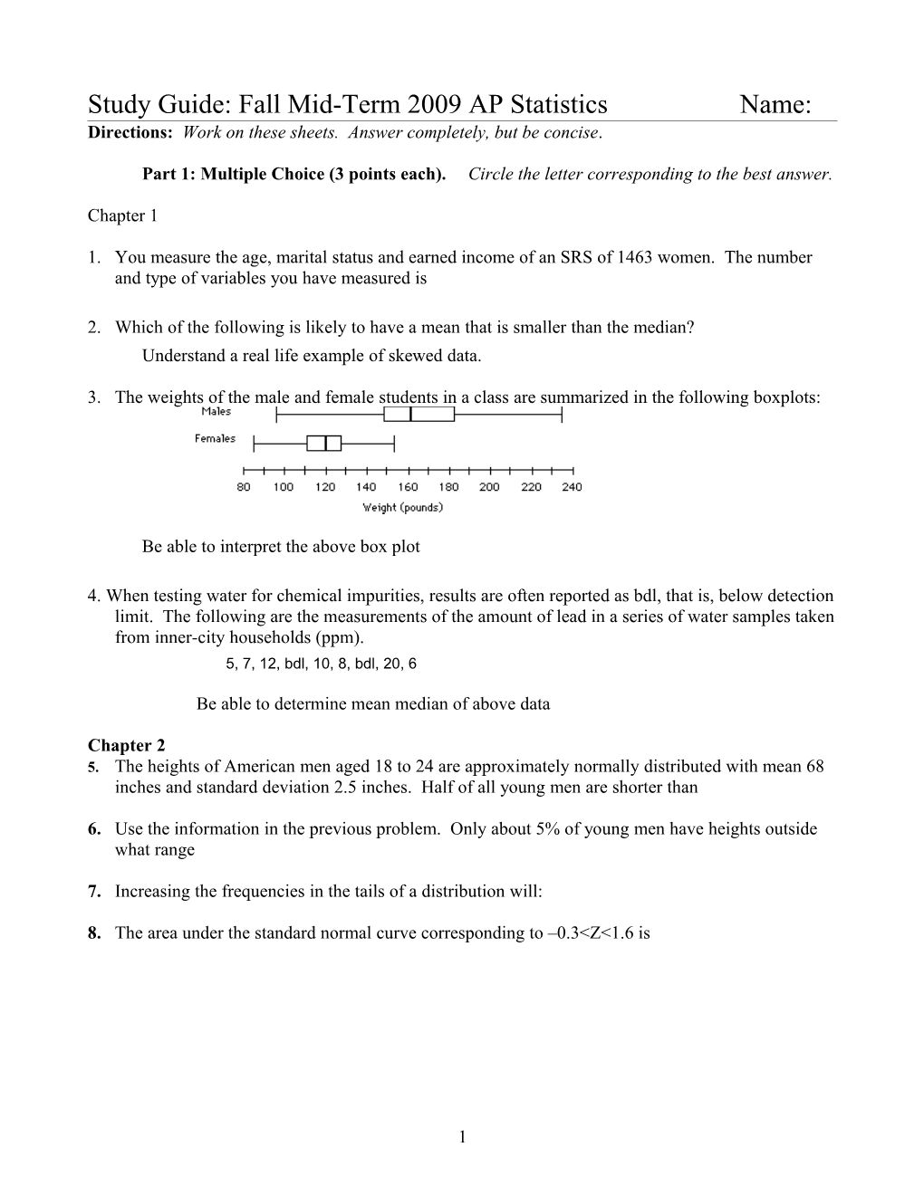 Study Guide: Fall Mid-Term 2009 AP Statisticsname