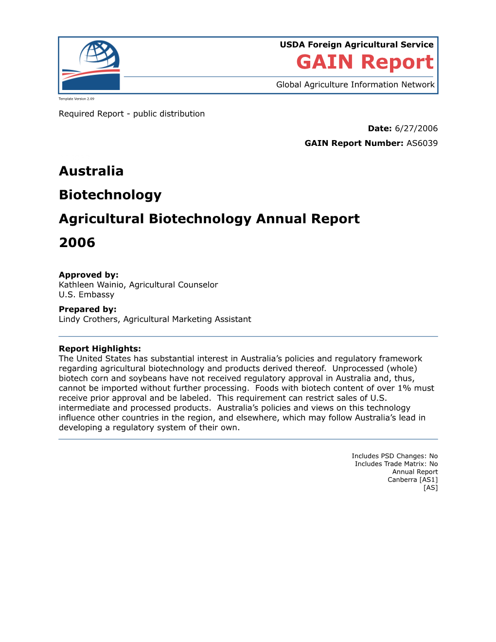 Agricultural Biotechnology Annual Report