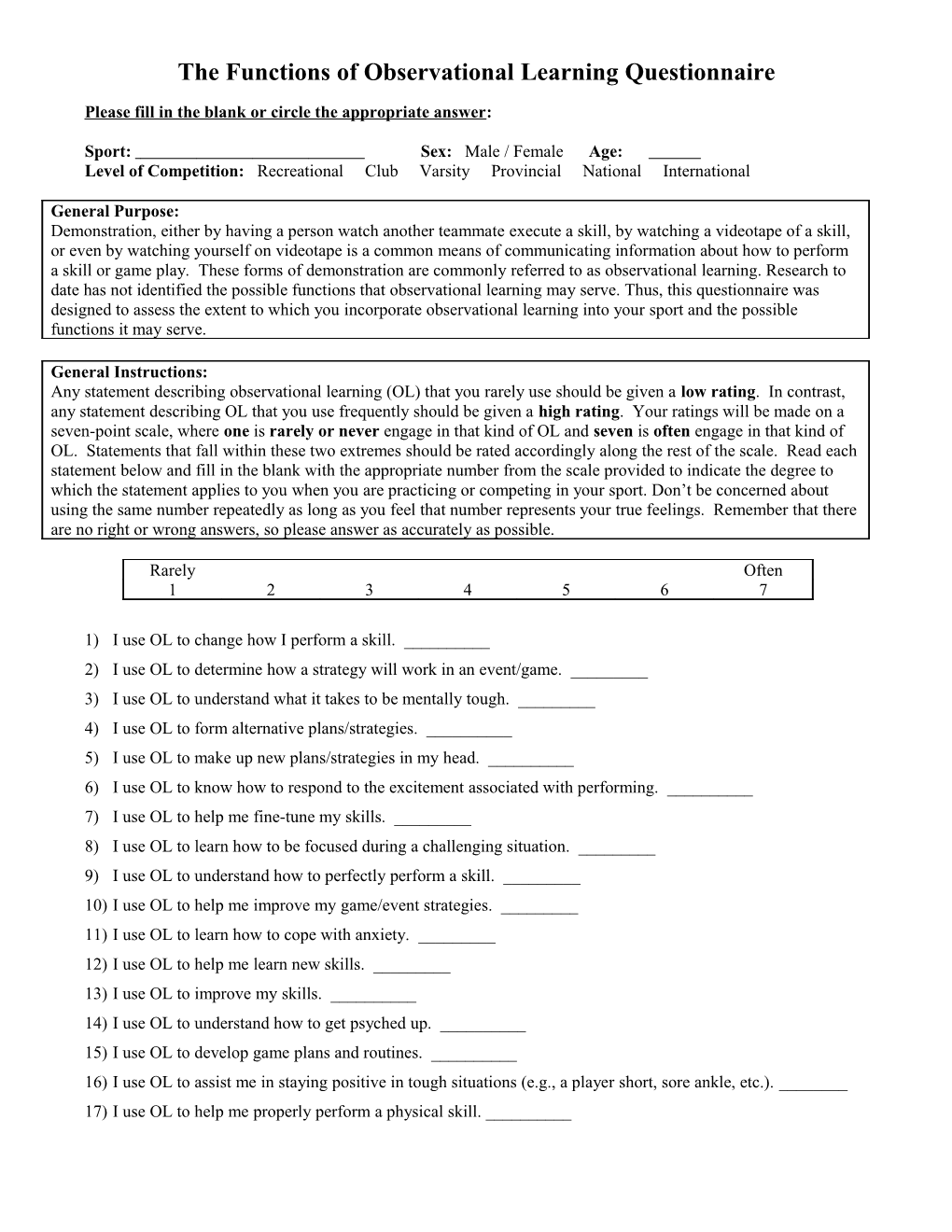 The Functions of Observational Learning Questionnaire