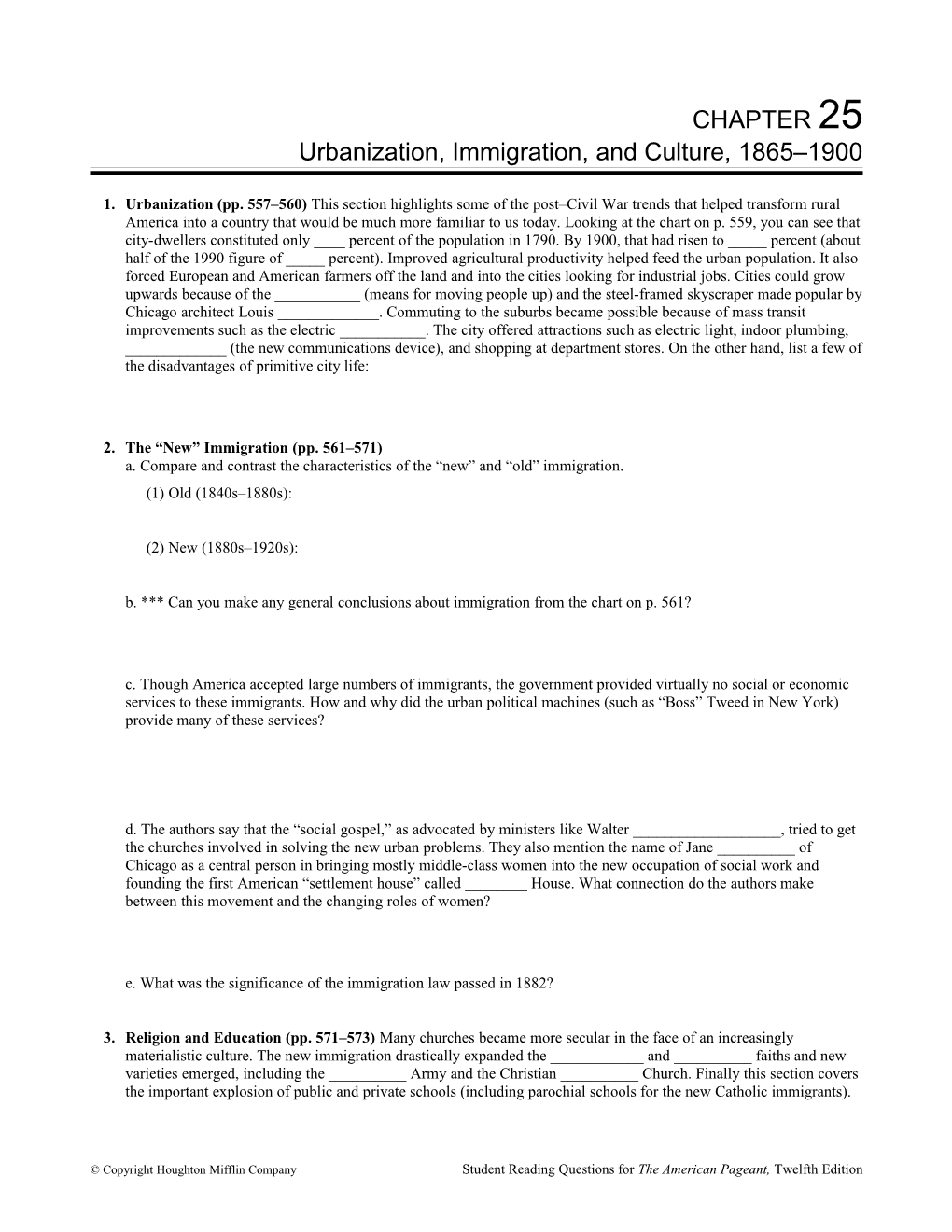 Urbanization, Immigration, and Culture, 1865 1900