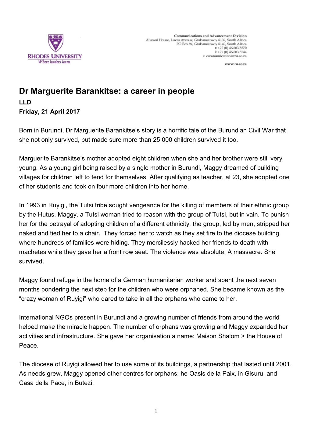Dr Marguerite Barankitse: a Career in People