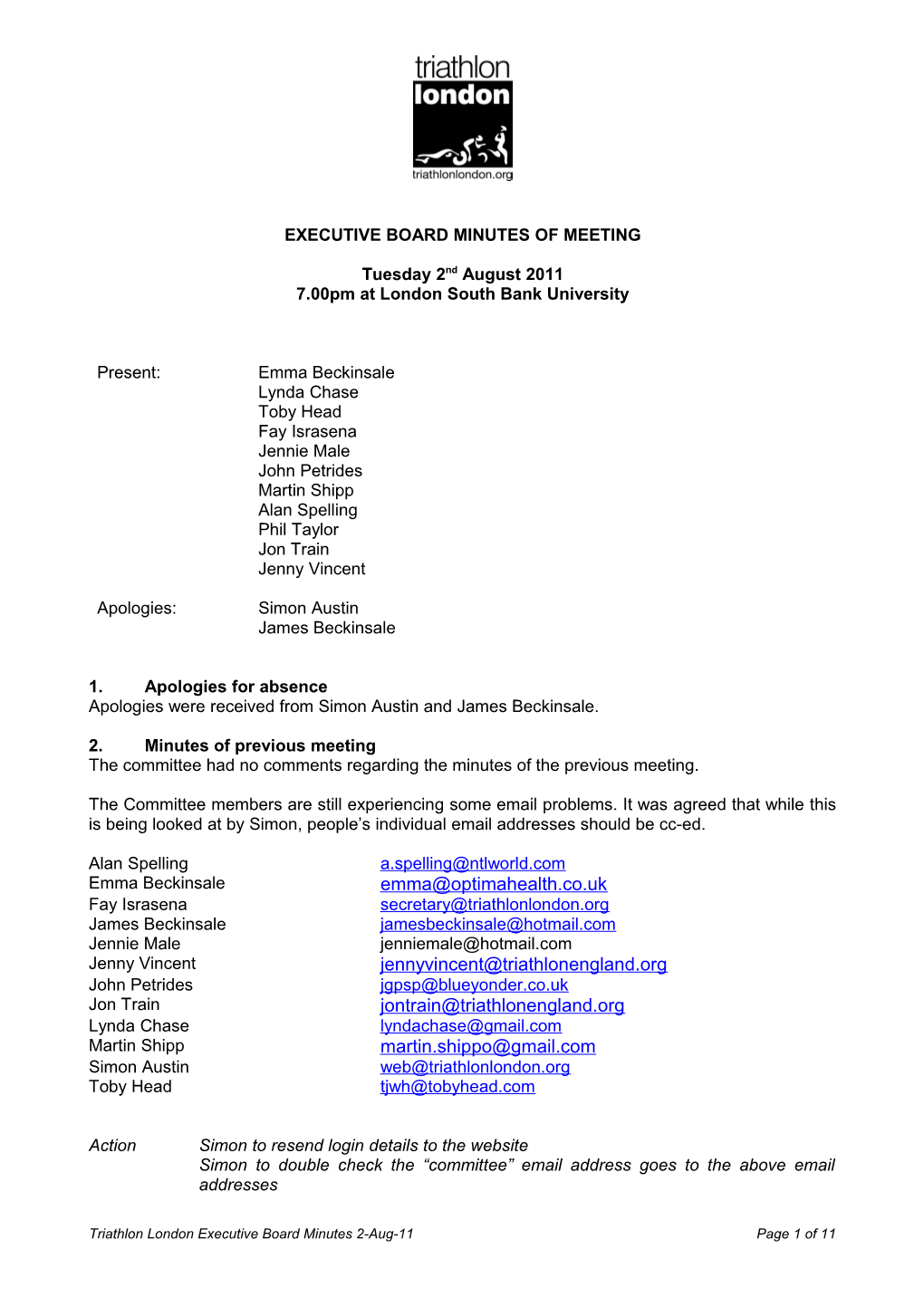 Executive Board Minutes of Meeting
