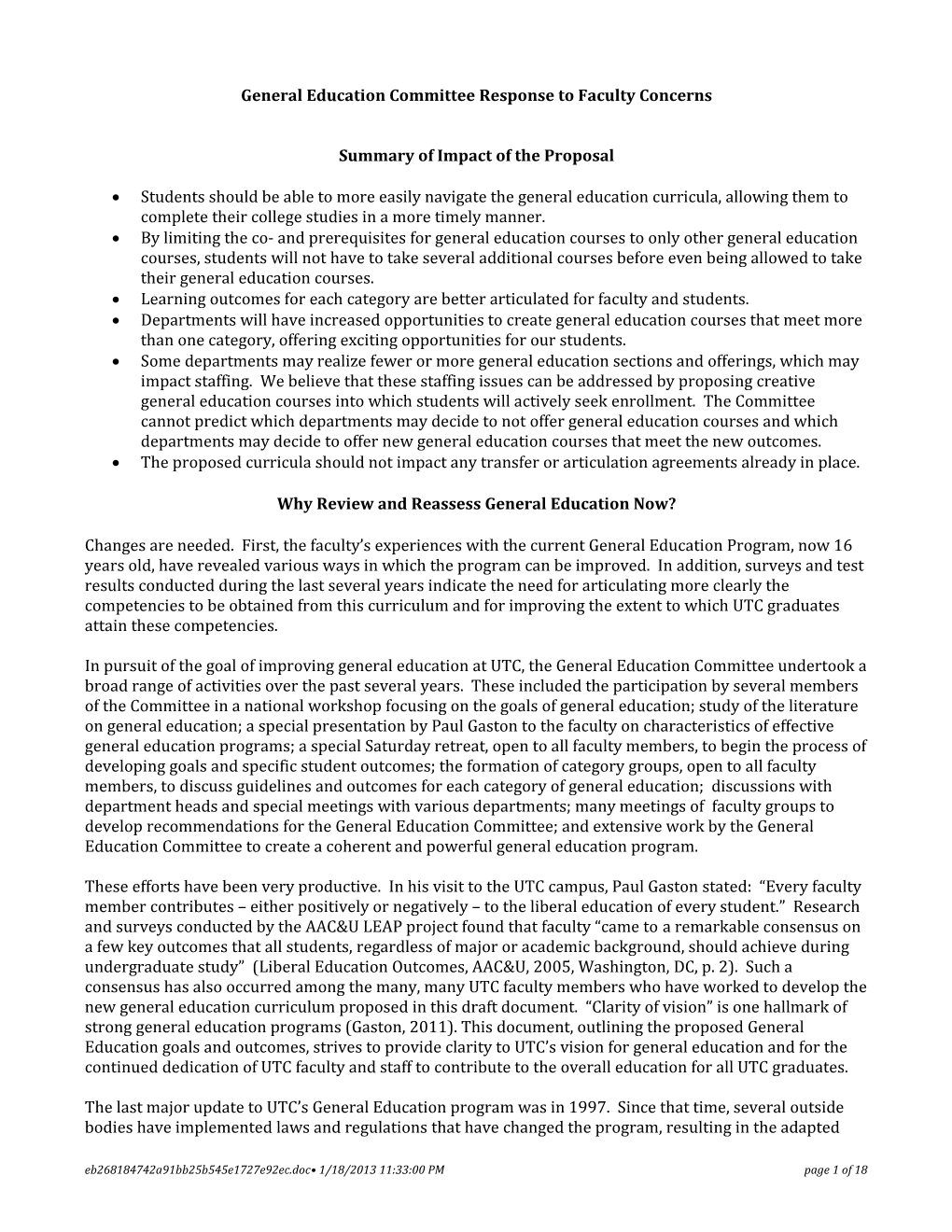 General Education Committee Response to Faculty Concerns