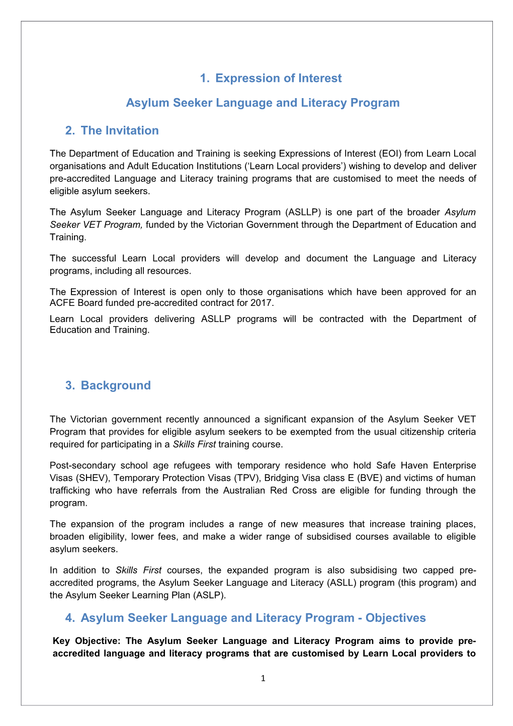 Asylum Seeker Language and Literacy Program EOI