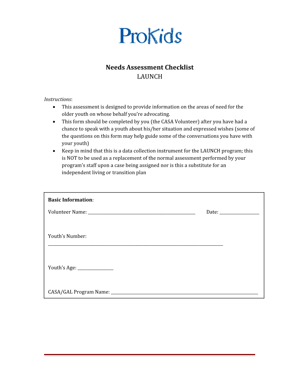 Needs Assessment Checklist - Tool