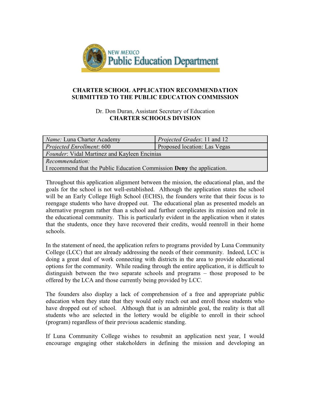 Submitted to the Public Education Commission