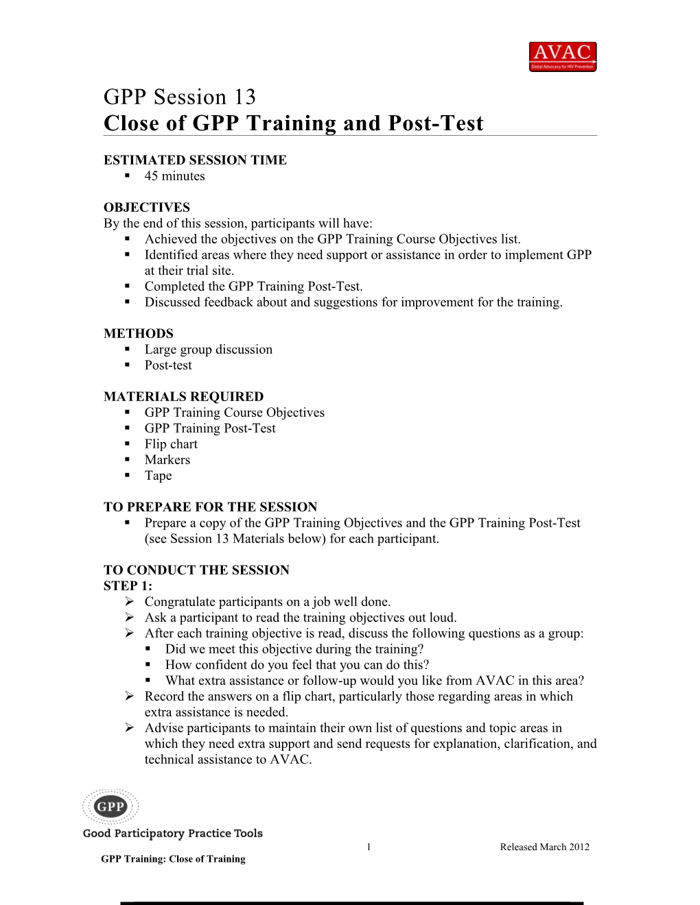 Close of GPP Training and Post-Test
