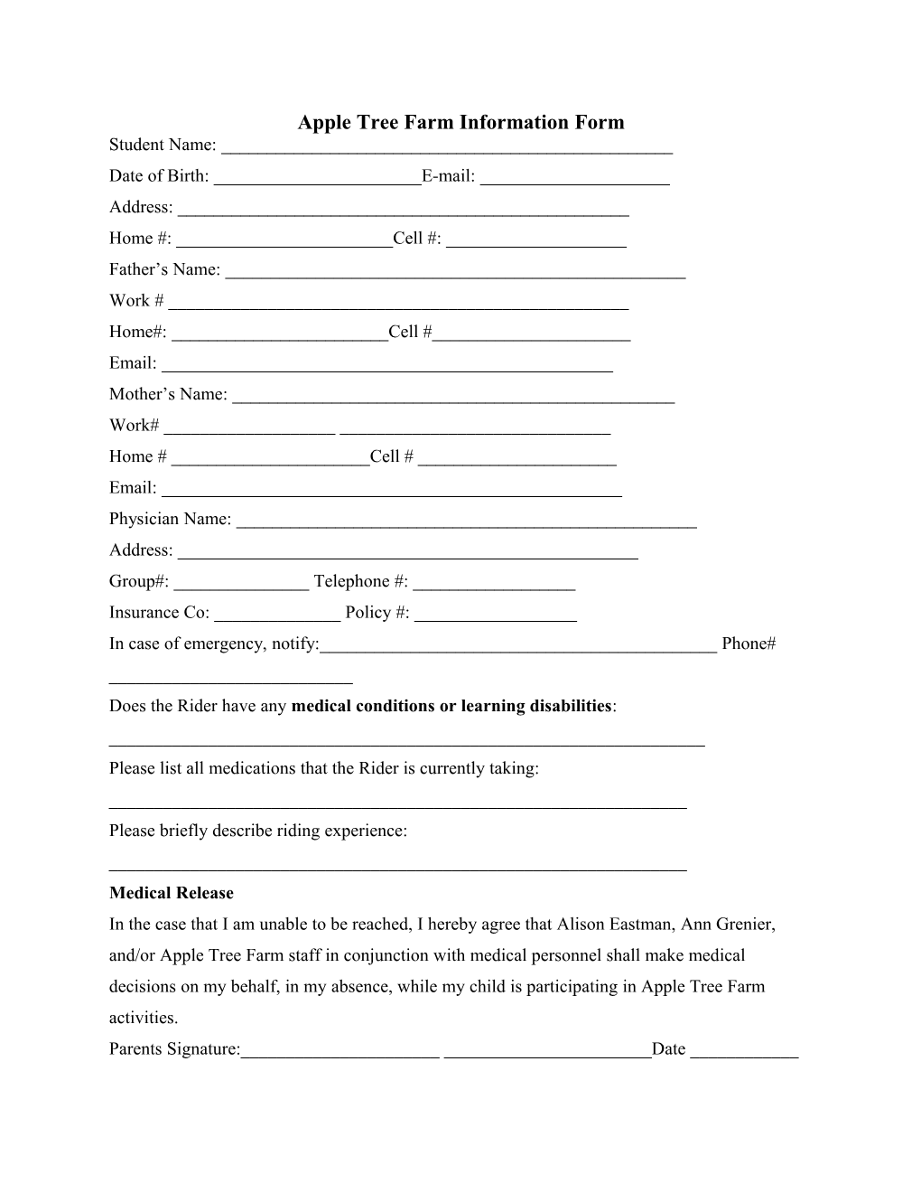 Apple Tree Farm Information Form