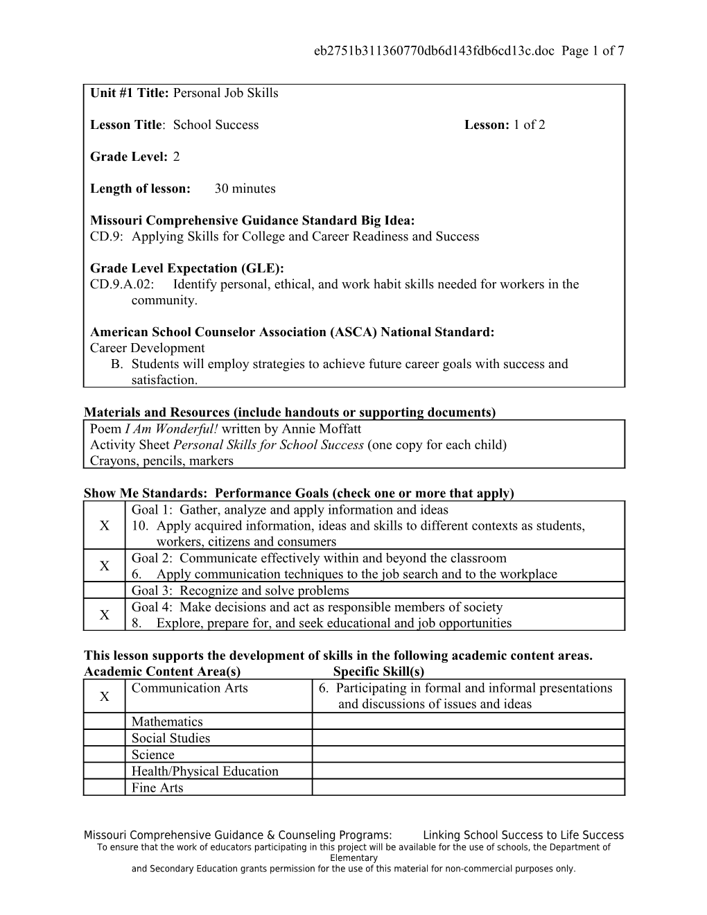 Career Development Strand CG 9 (9.1) Grade 1 Lesson 1