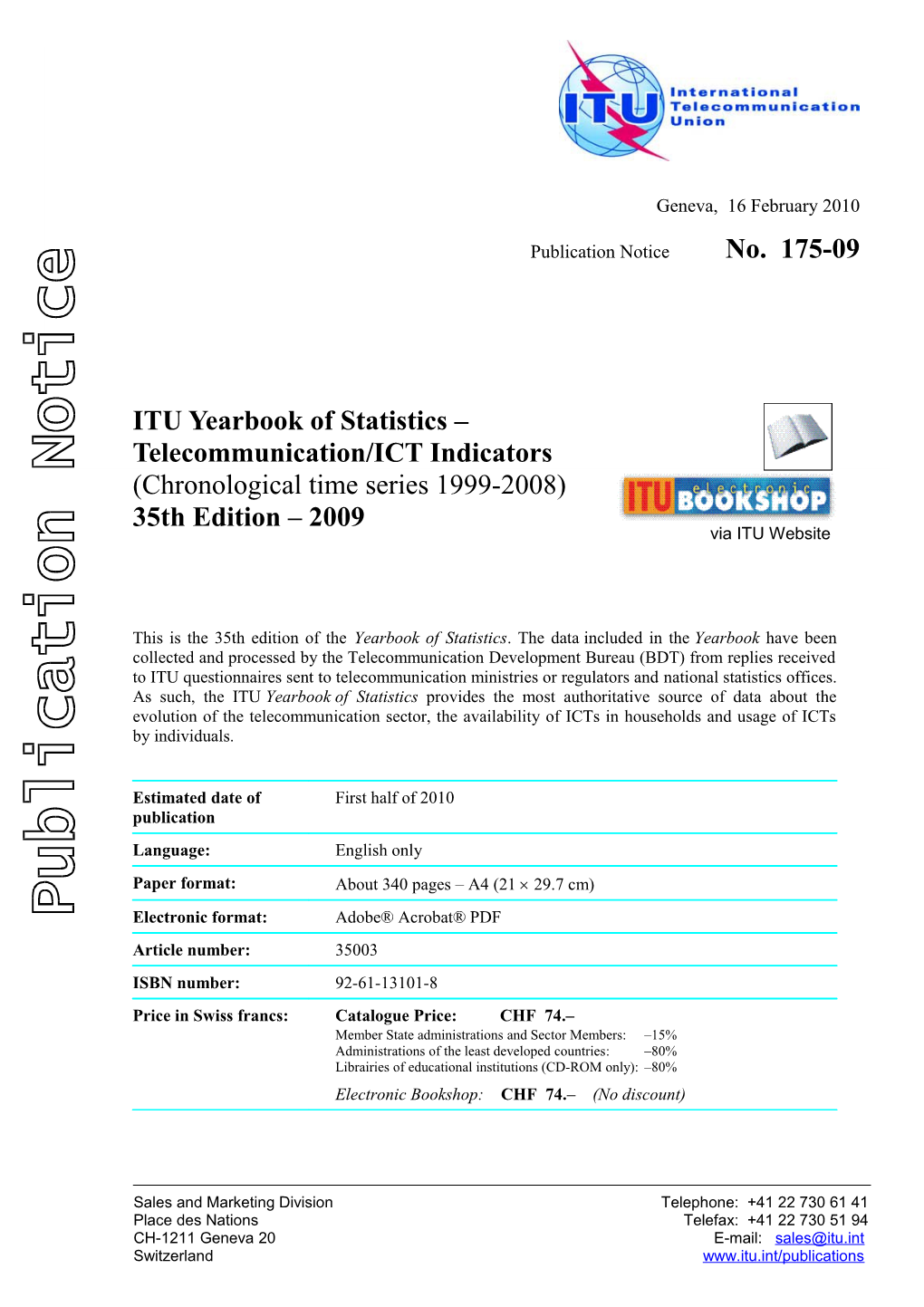 Publication Notice No. 175-08 ITU Yearbook of Statistics Telecomunication Services