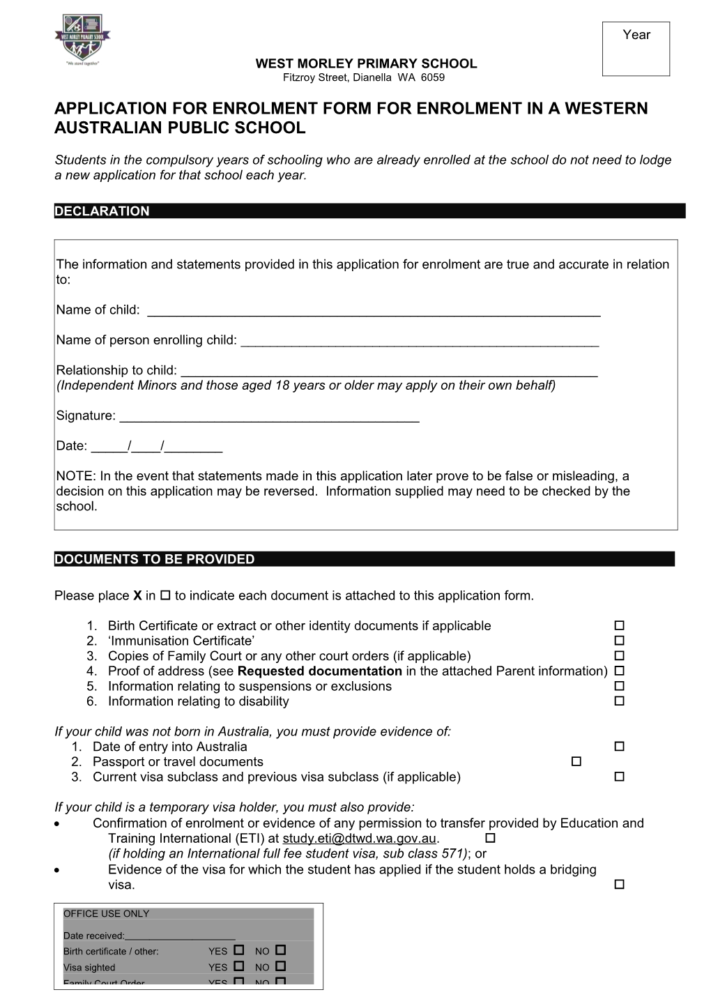 Application for Enrolment Form for Enrolment in a Westernaustralianpublic School