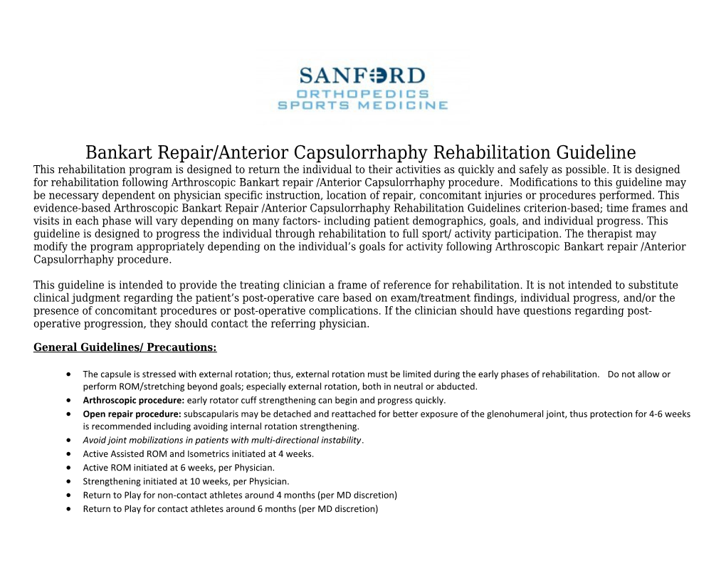 Bankart Repair/Anterior Capsulorrhaphy Rehabilitation Guideline