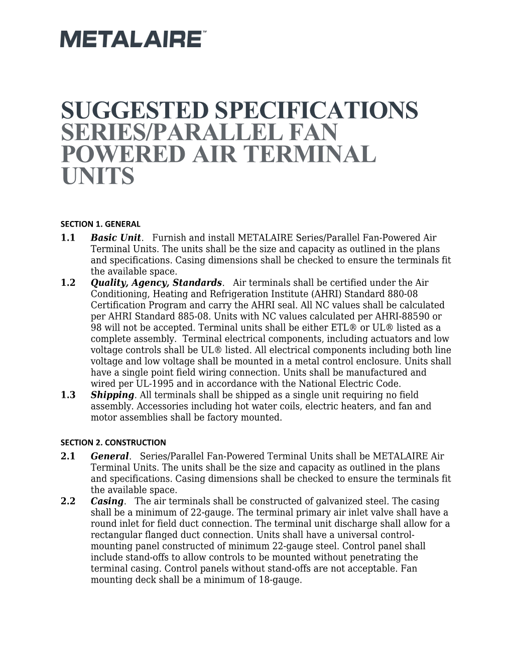 Suggested Specifications Series/Parallel Fan Poweredair Terminalunits
