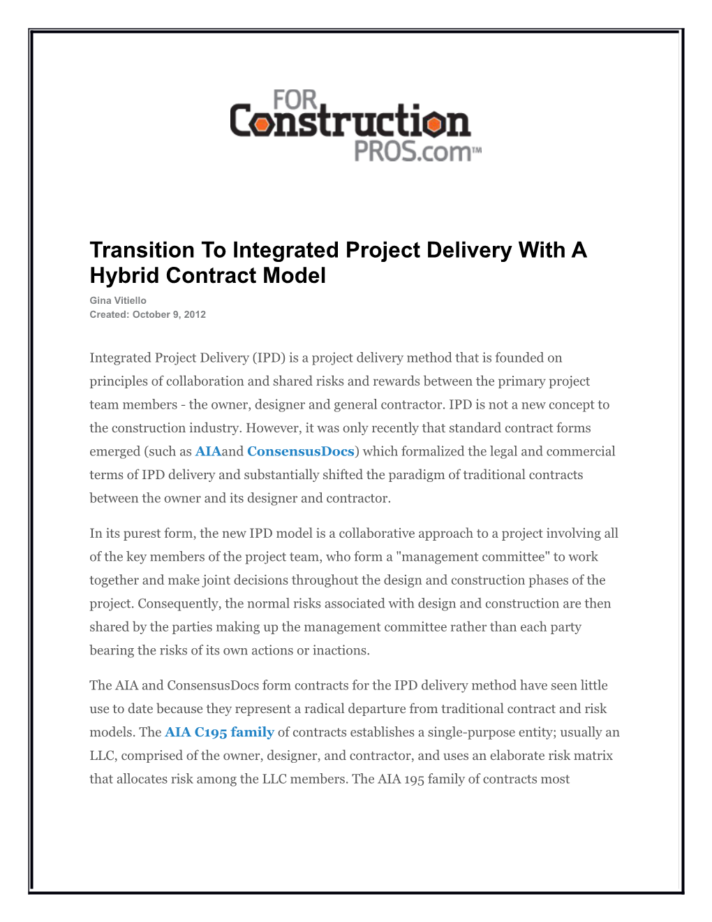 Transition to Integrated Project Delivery with a Hybrid Contract Model