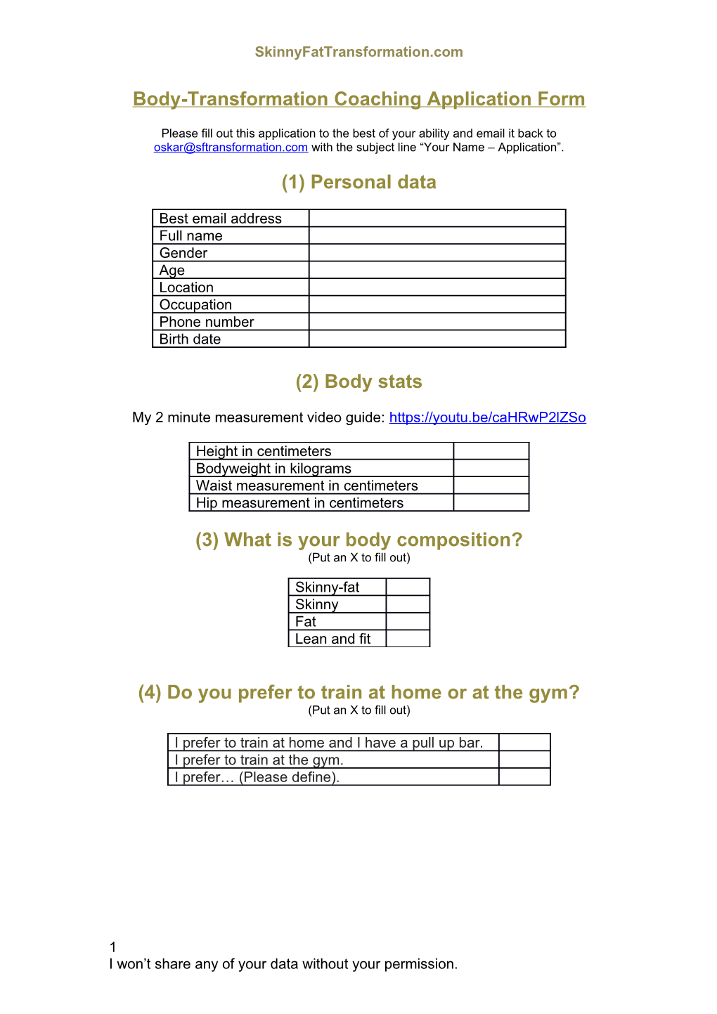 Body-Transformation Coaching Application Form