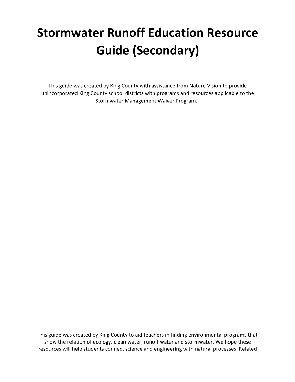 Stormwater Runoff Education Resource Guide (Secondary)