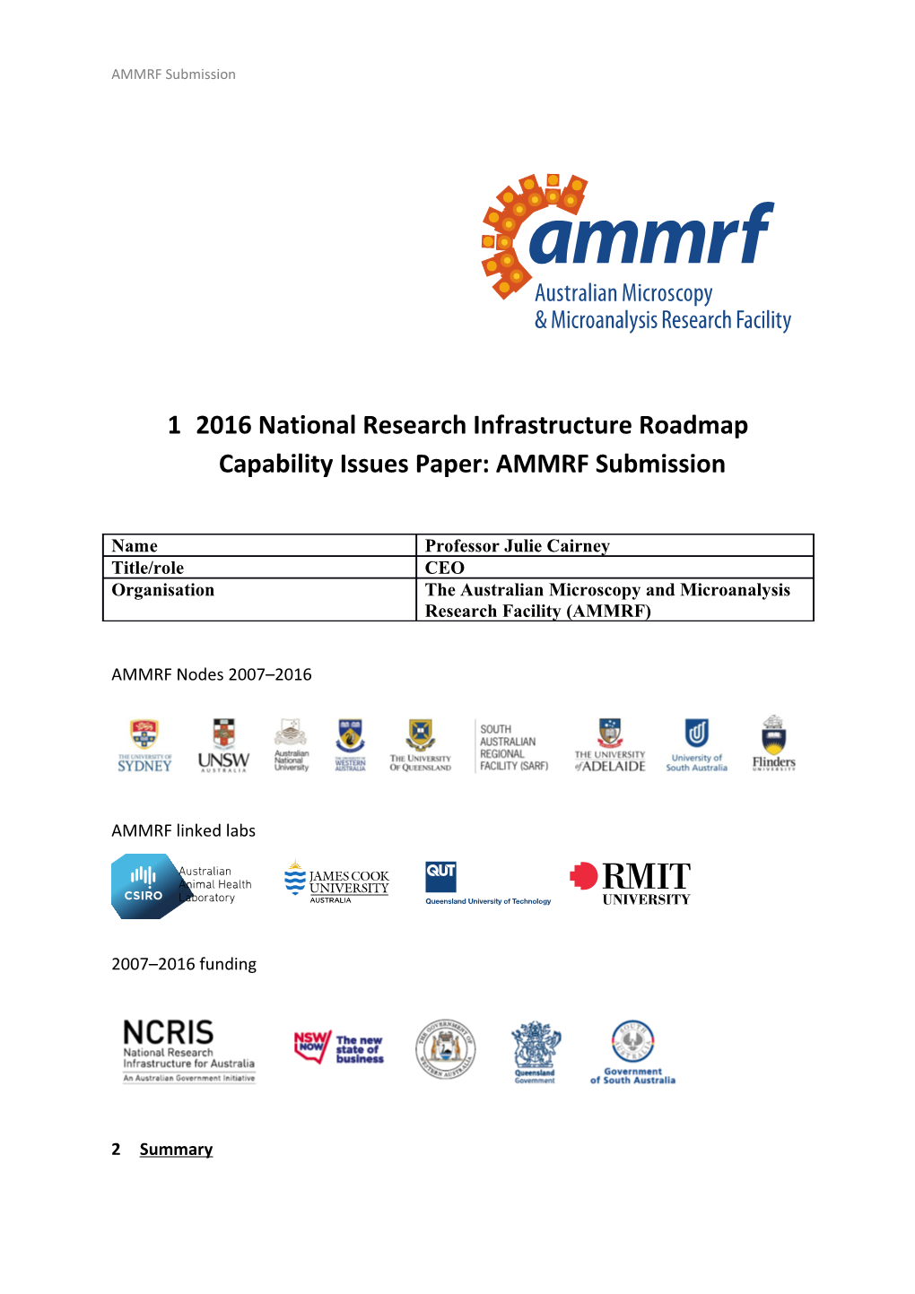 2016 National Research Infrastructure Roadmap Capabilityissues Paper: AMMRF Submission