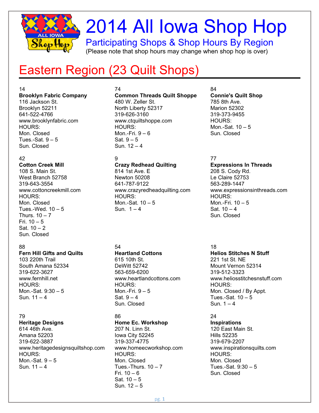 Eastern Region (23 Quilt Shops)