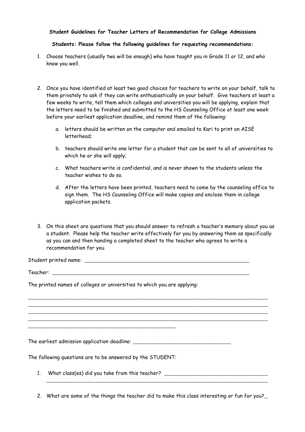 Student Guidelines for Teacher Letters of Recommendation for College Admissions
