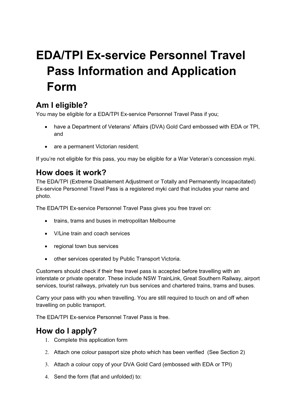 EDA/TPI Ex-Service Personnel Travel Pass Information and Application Form