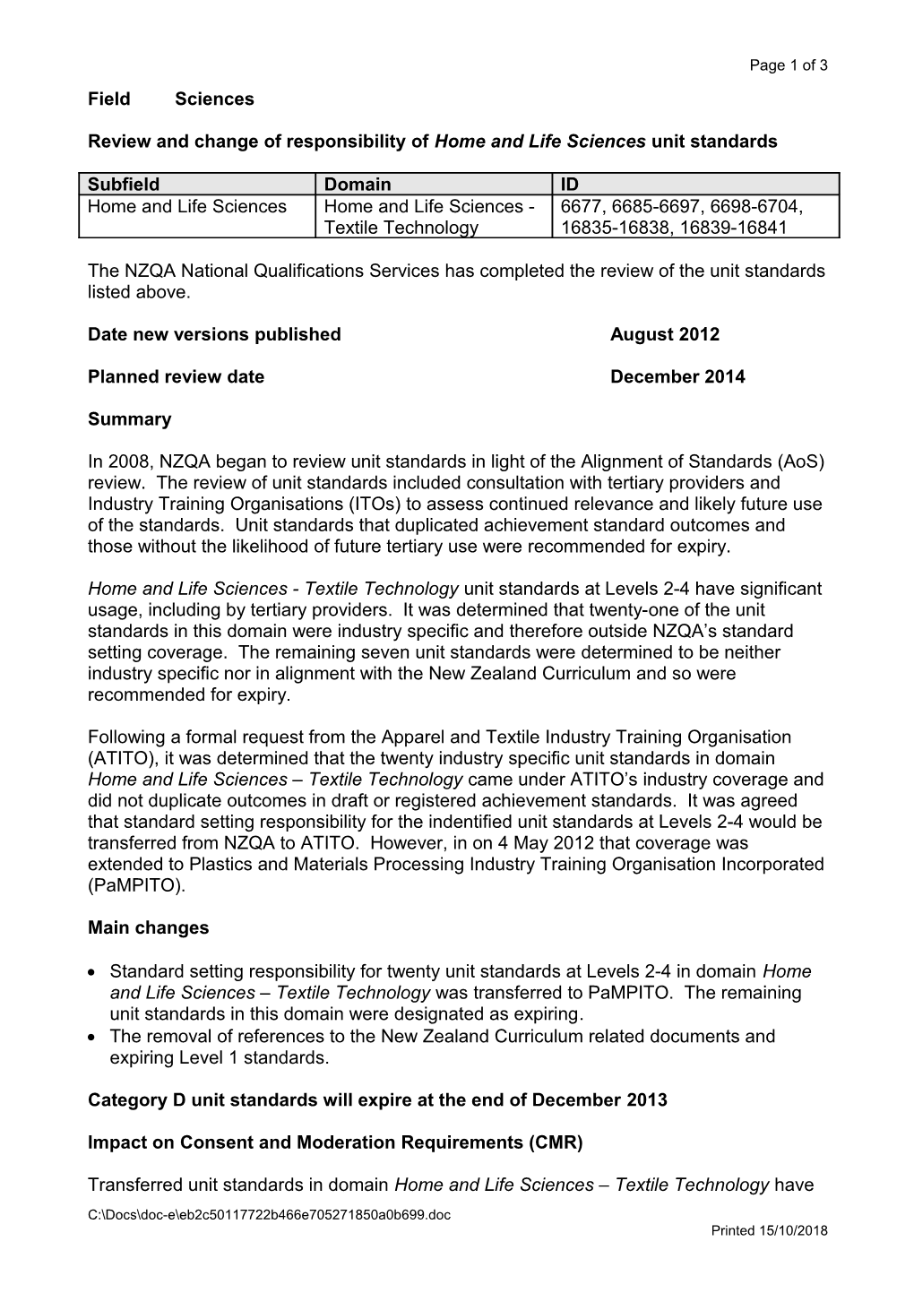 Review and Change of Responsibility of Home and Life Sciences Unit Standards