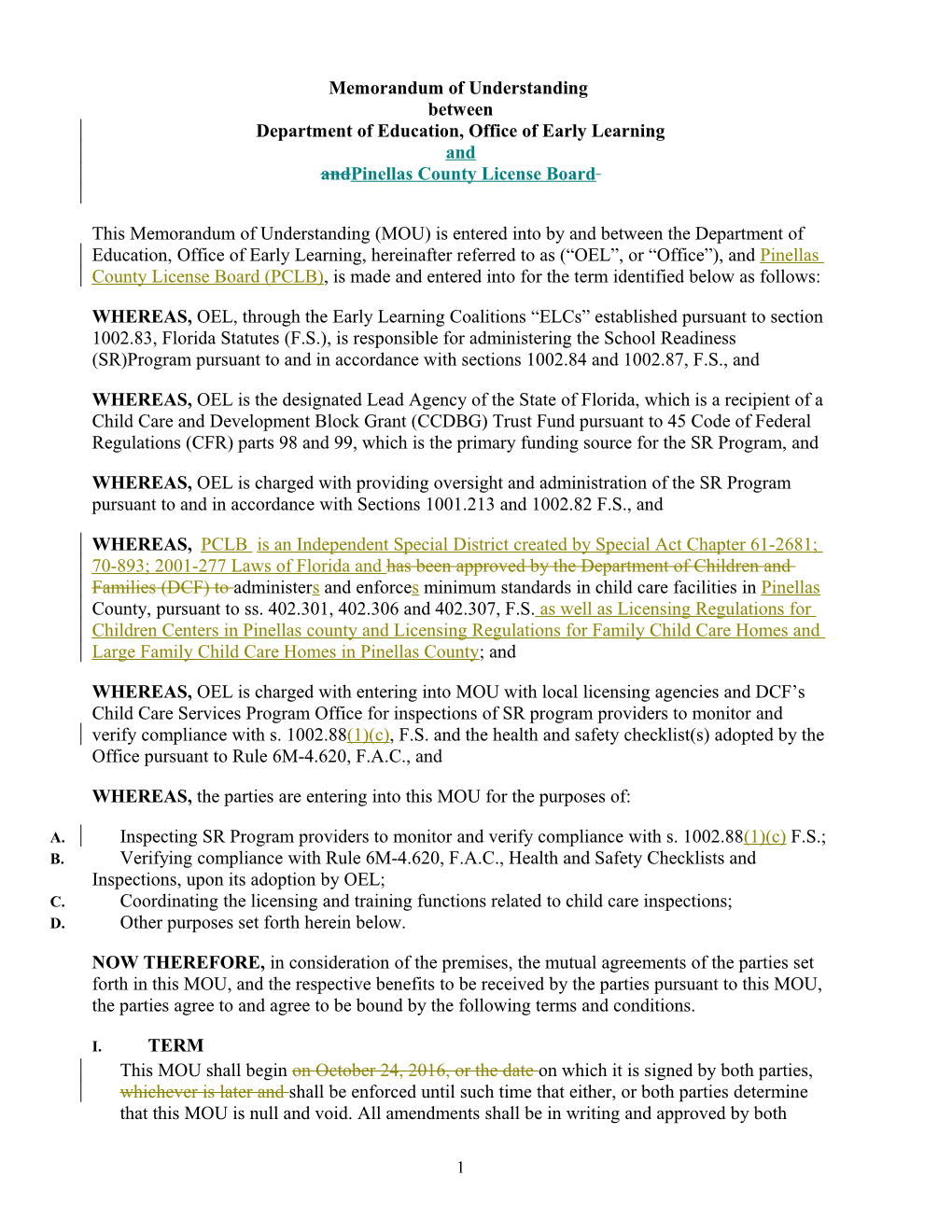 Memorandum of Understanding Between Department of Education, Office of Early Learning