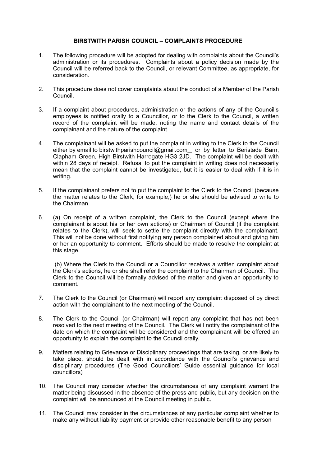 Felliscliffe Parish Council - Complaints Procedure