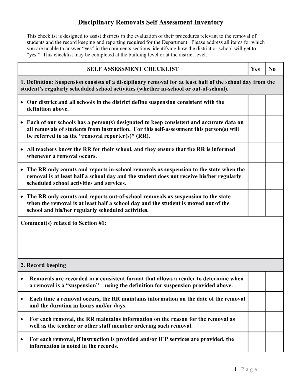 Disciplinary Removals Self-Assessment Inventory