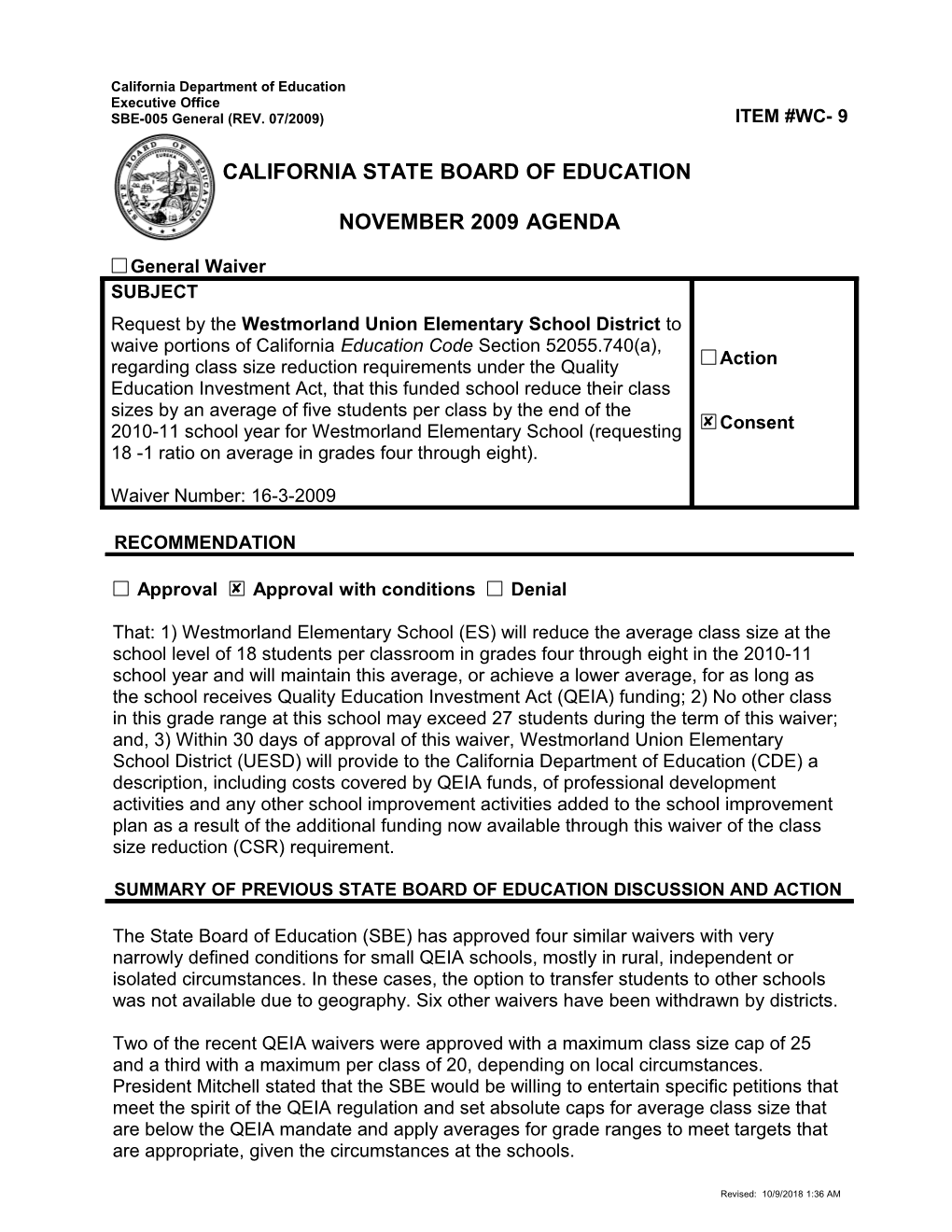 November 2009 Waiver Item WC9 - Meeting Agendas (CA State Board of Education