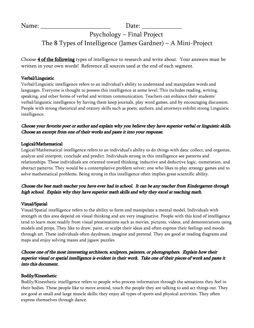 The 8 Types of Intelligence (James Gardner) a Mini-Project