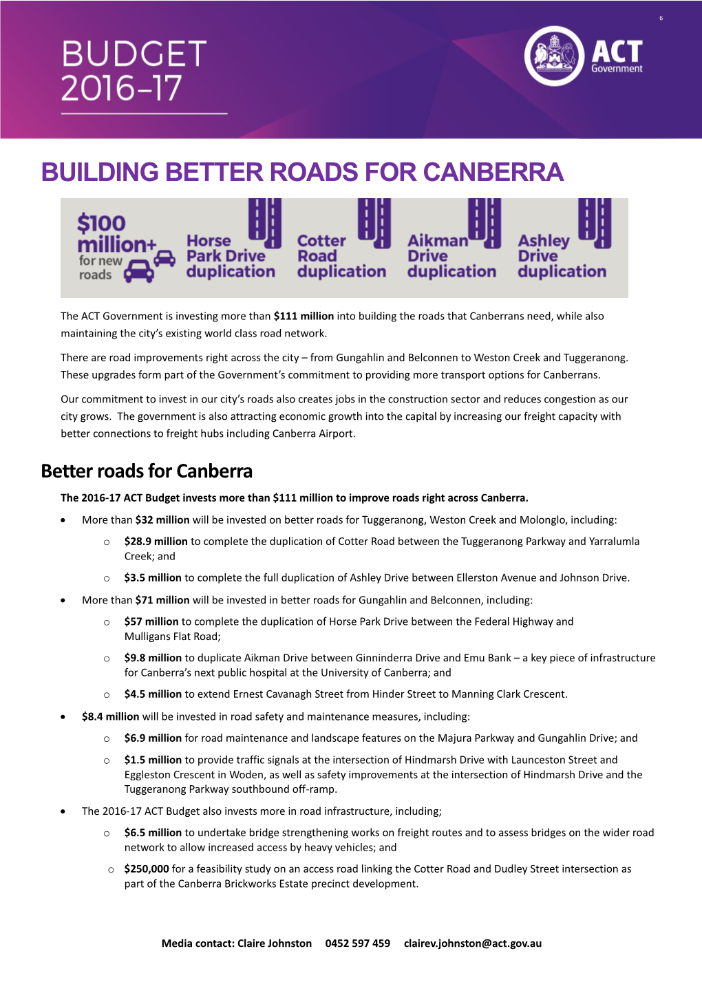 2016-17 Media Release for Budget- Roads TAMS