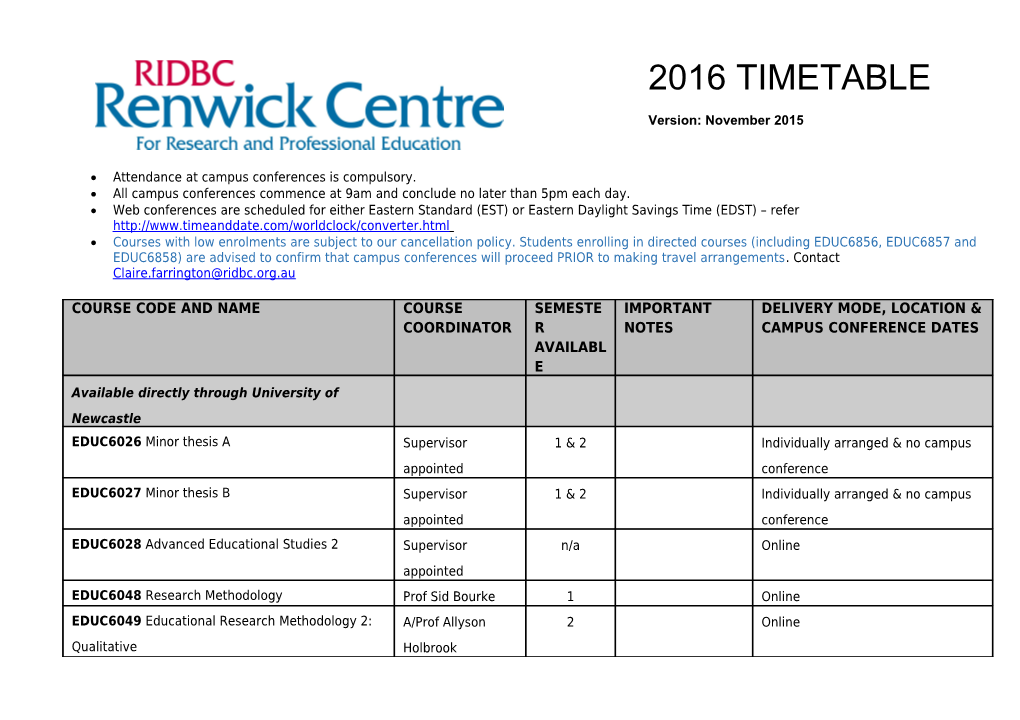 2007 TIMETABLE ON-CAMPUS and DISTANCE