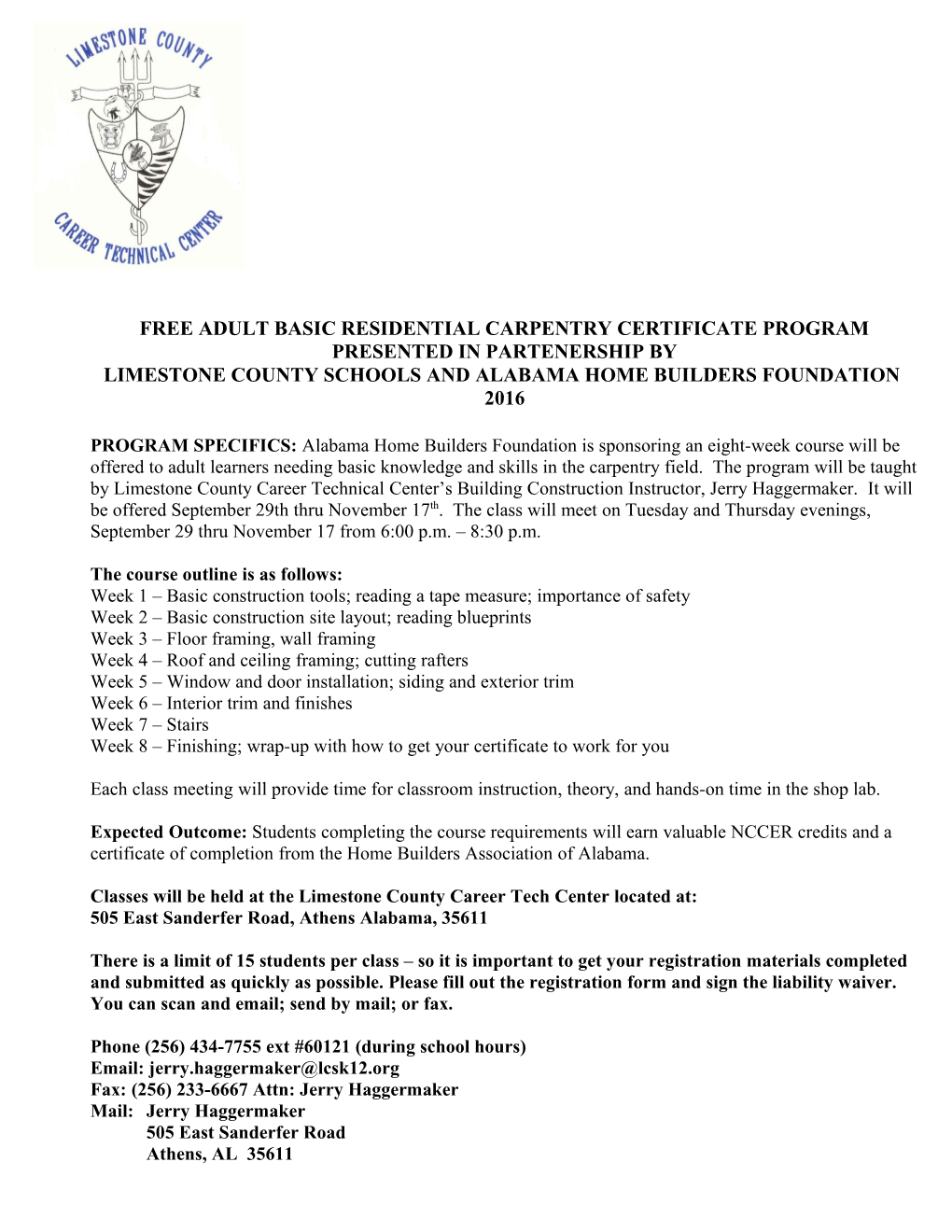 Free Adult Basic Residential Carpentry Certificate Program