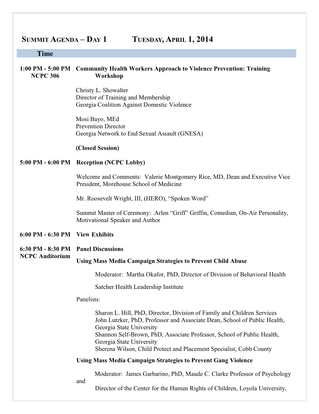 Summit Agenda Day 1Tuesday, April 1, 2014