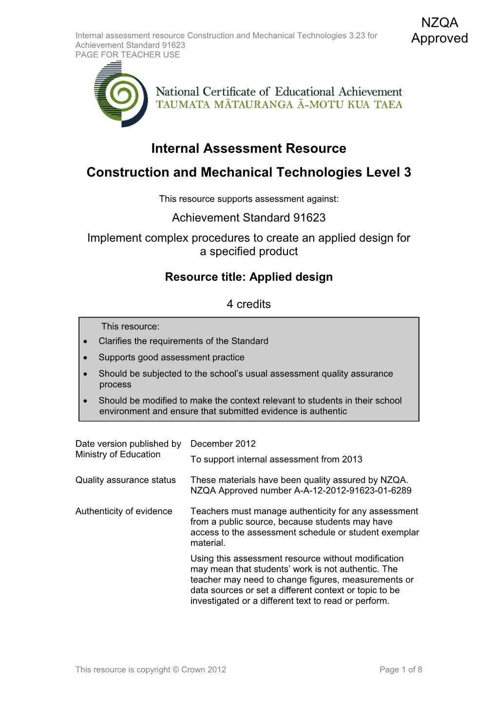 Level 3 Construction and Mechanical Technologies Internal Assessment Resource