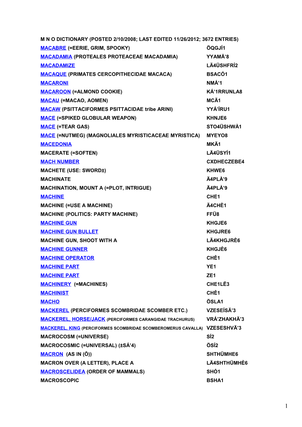 M N O Dictionary (Posted 2/10/2008; Last Edited 11/26/2012; 3672Entries)