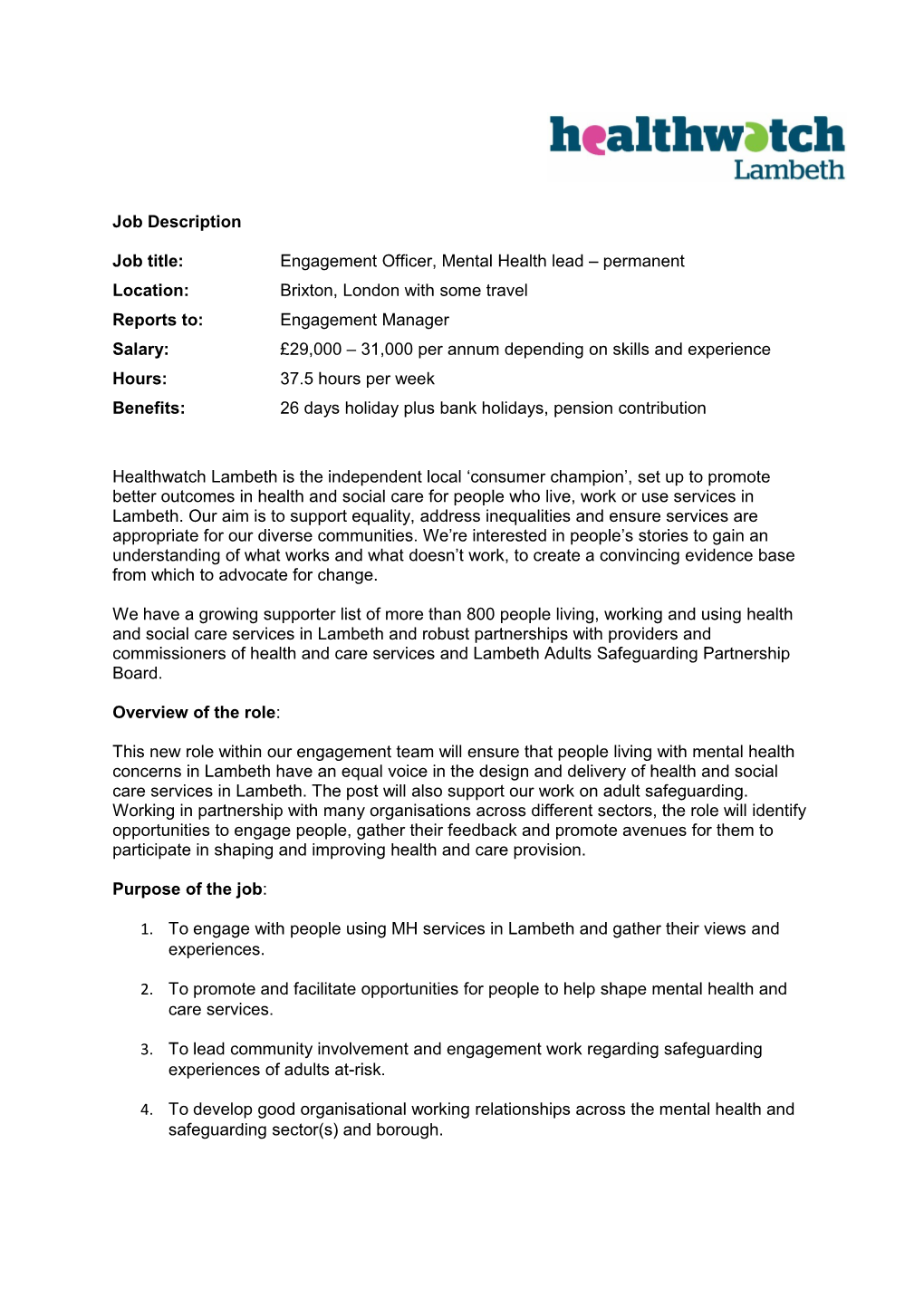Job Title:Engagement Officer, Mental Health Lead Permanent