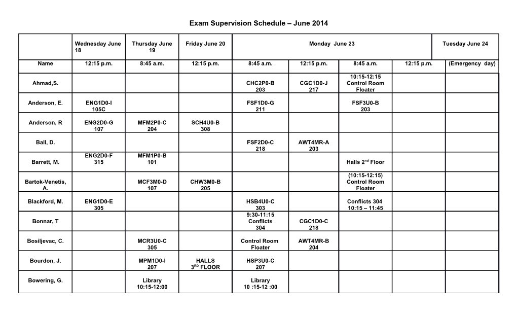 Exam Supervision Schedule June 2014