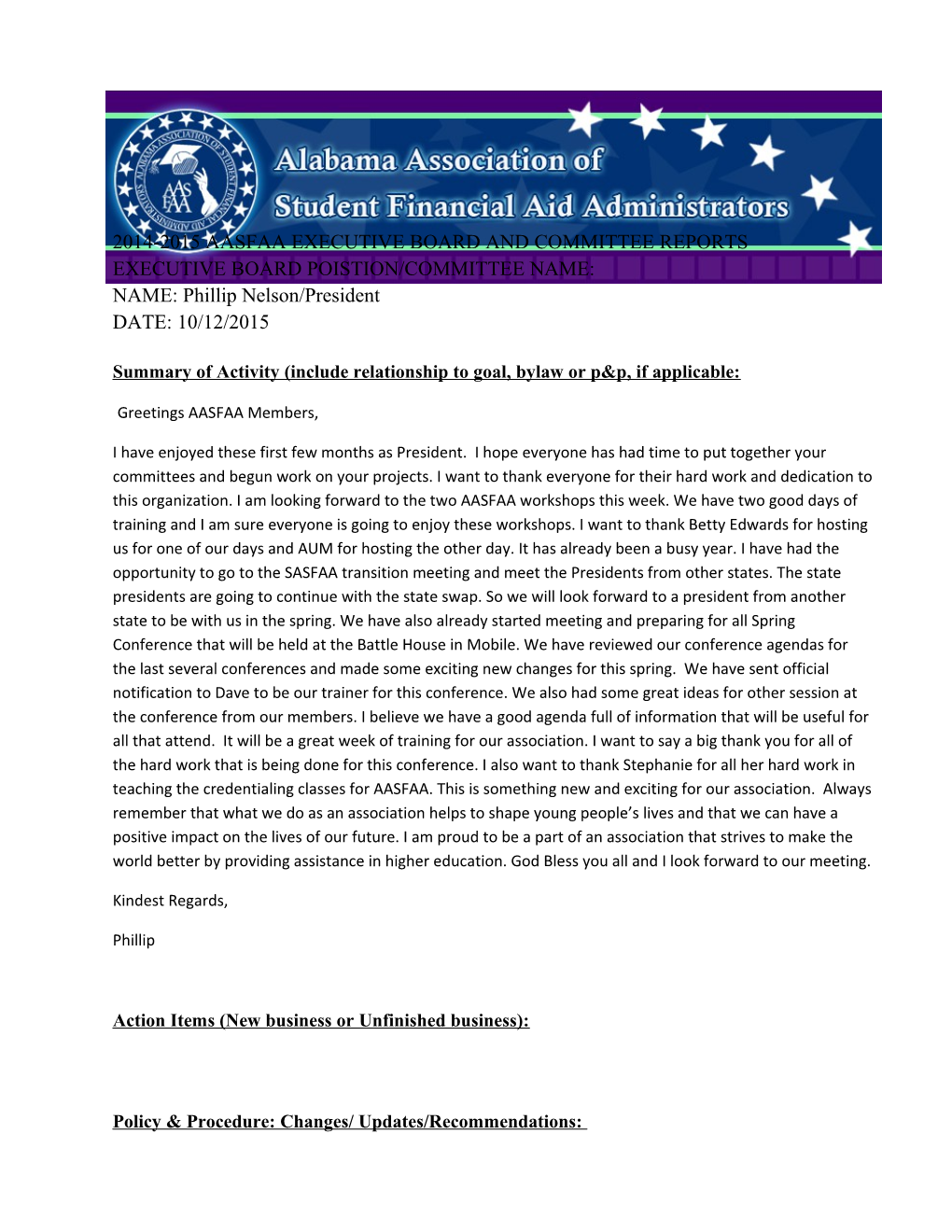 2014-2015 Aasfaa Executive Board and Committee Reports