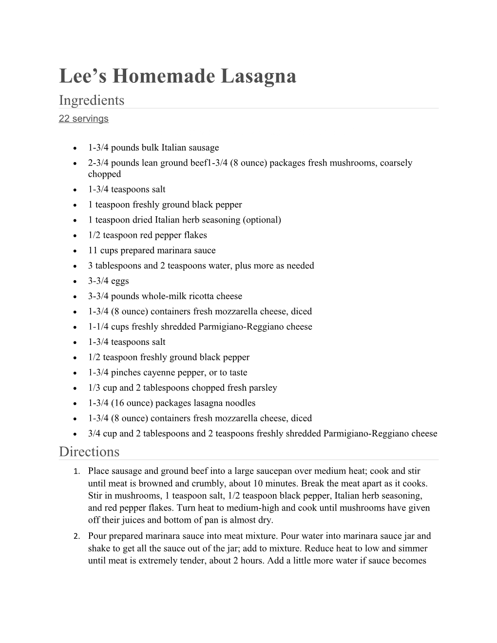 Lee S Homemade Lasagna