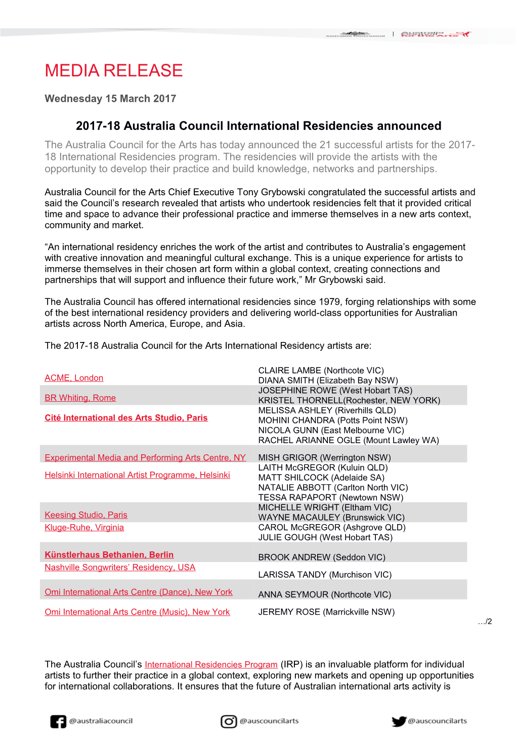 2017-18 Australia Council International Residencies Announced