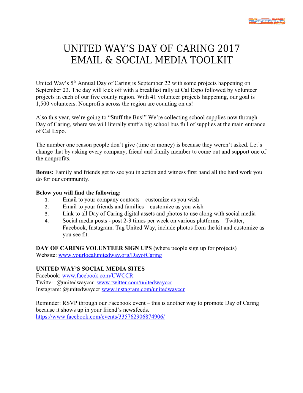 United Way S Day of Caring 2017 Email Social Media Toolkit