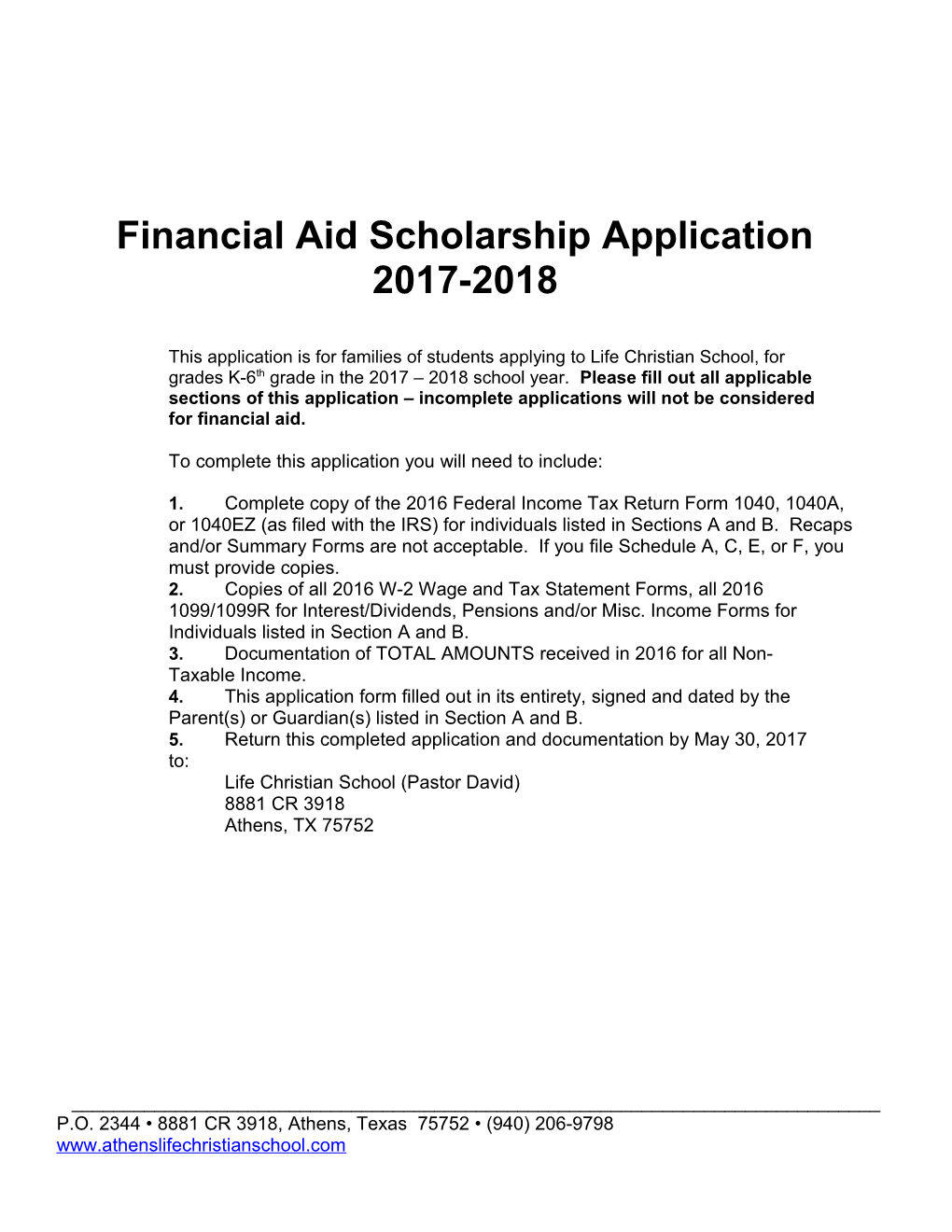Financial Aid Scholarship Application 2017-2018