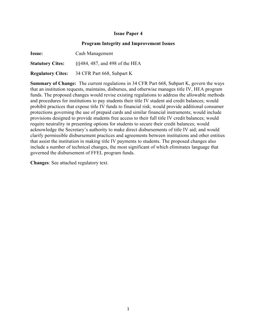 Negotiated Rulemaking for Higher Education 2012-2014: PII Session 3 - Issue Paper 4, Cash