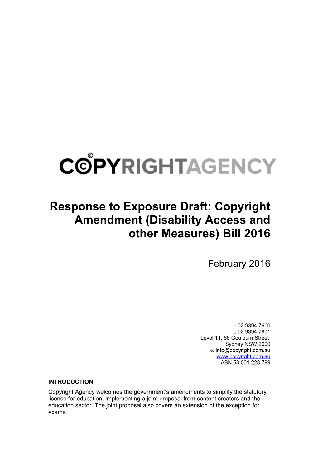 Response to Exposure Draft: Copyright Amendment (Disability Access and Other Measures)