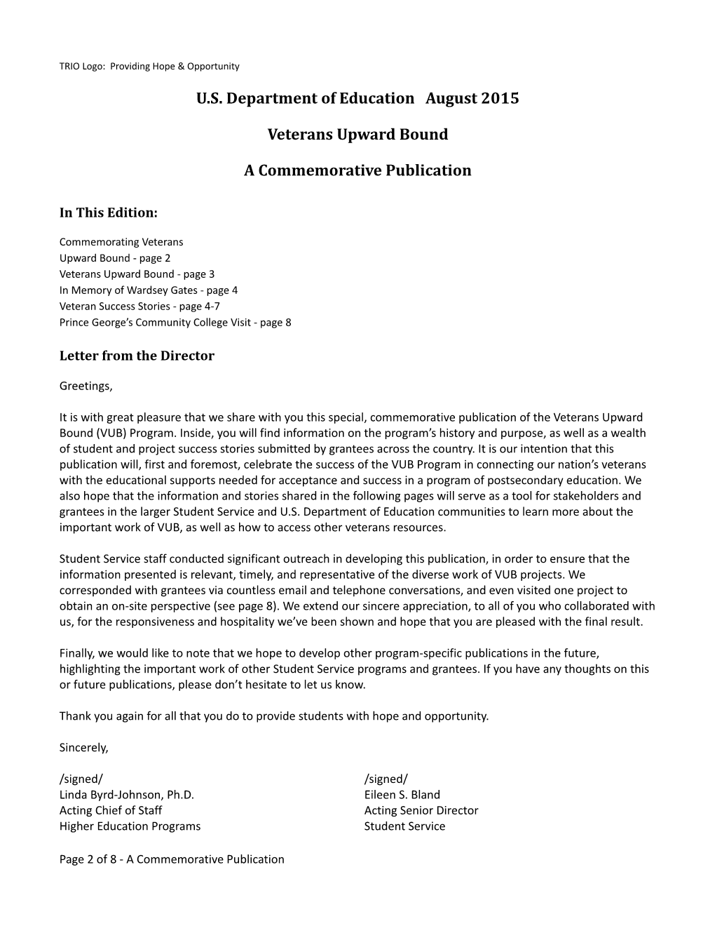 Veterans Upward Bound Program Newsletter: a Commemorative Publication, August 2015 (MS Word)