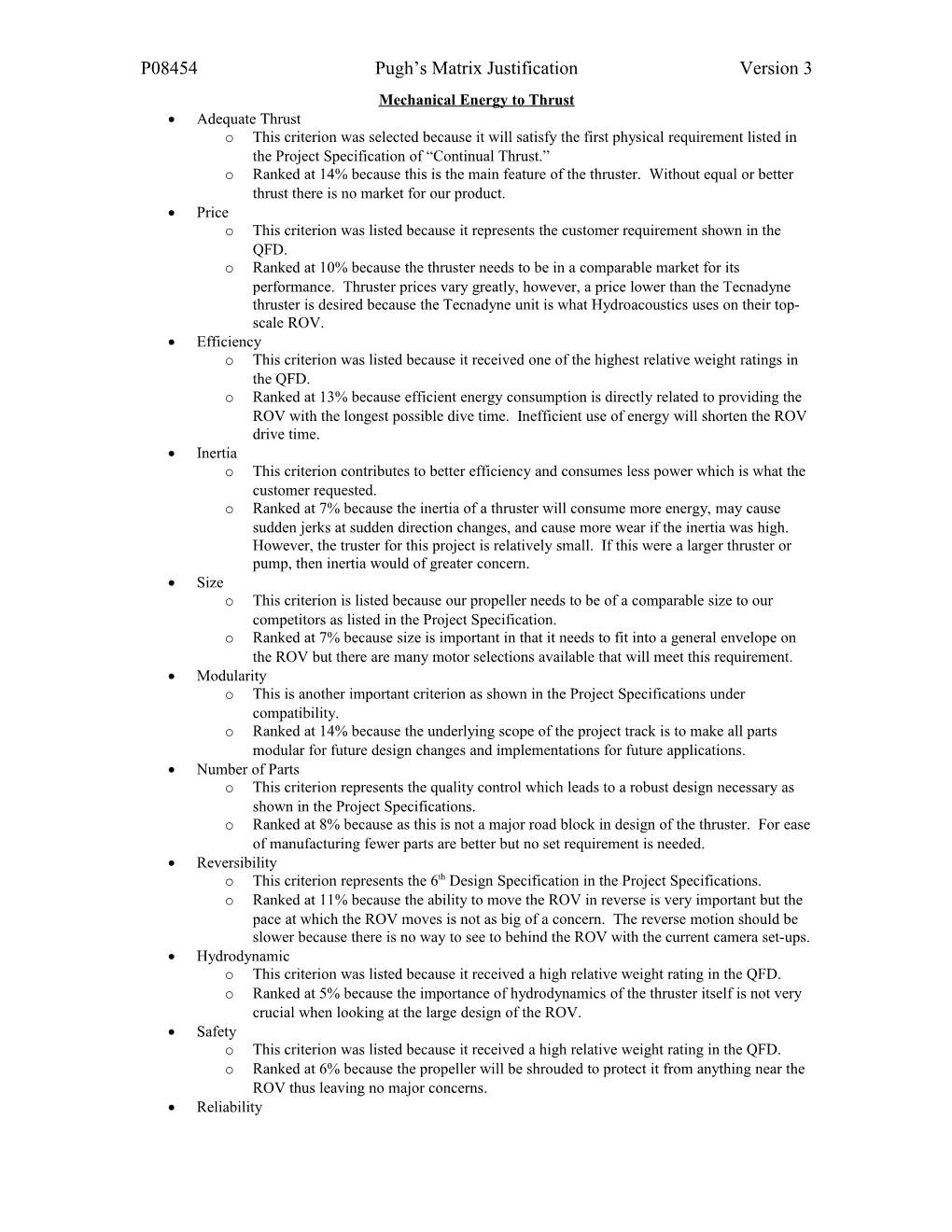 Weighted % Justifications for Pugh Matrices